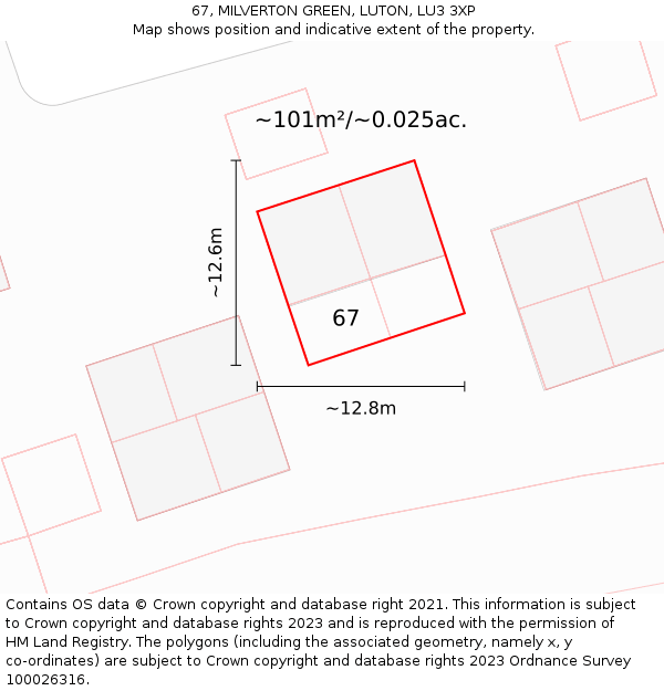 67, MILVERTON GREEN, LUTON, LU3 3XP: Plot and title map