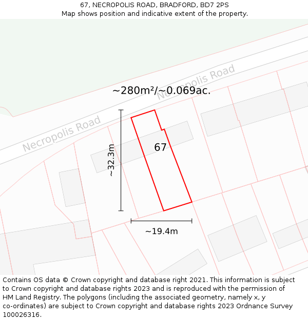 67, NECROPOLIS ROAD, BRADFORD, BD7 2PS: Plot and title map
