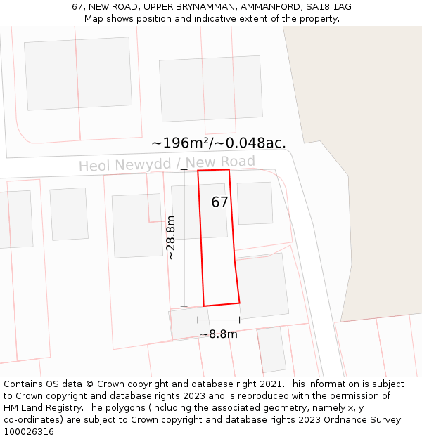 67, NEW ROAD, UPPER BRYNAMMAN, AMMANFORD, SA18 1AG: Plot and title map