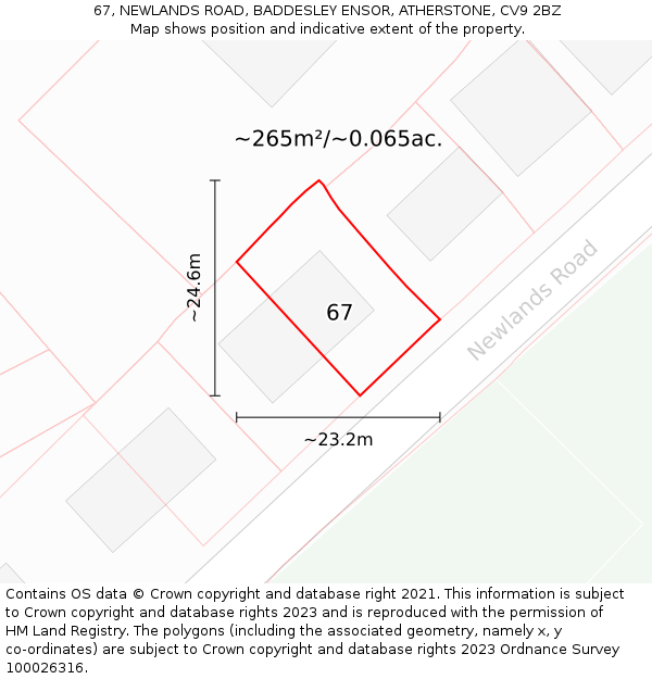 67, NEWLANDS ROAD, BADDESLEY ENSOR, ATHERSTONE, CV9 2BZ: Plot and title map