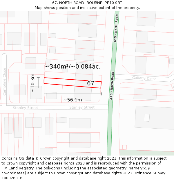67, NORTH ROAD, BOURNE, PE10 9BT: Plot and title map