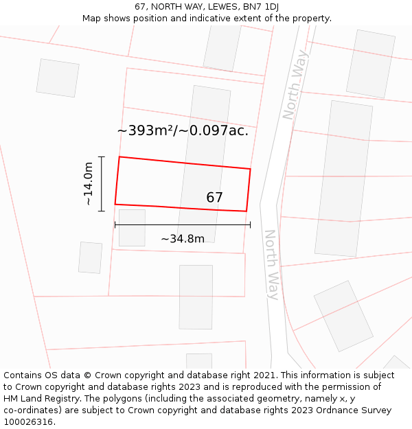 67, NORTH WAY, LEWES, BN7 1DJ: Plot and title map