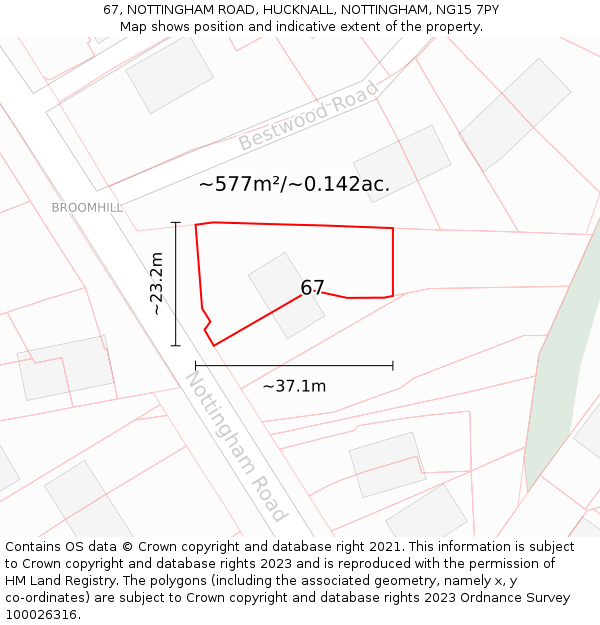 67, NOTTINGHAM ROAD, HUCKNALL, NOTTINGHAM, NG15 7PY: Plot and title map