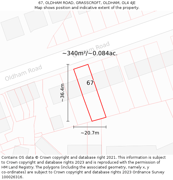 67, OLDHAM ROAD, GRASSCROFT, OLDHAM, OL4 4JE: Plot and title map