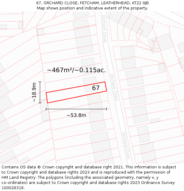 67, ORCHARD CLOSE, FETCHAM, LEATHERHEAD, KT22 9JB: Plot and title map