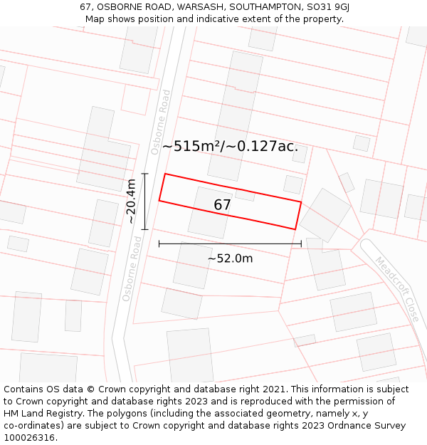 67, OSBORNE ROAD, WARSASH, SOUTHAMPTON, SO31 9GJ: Plot and title map