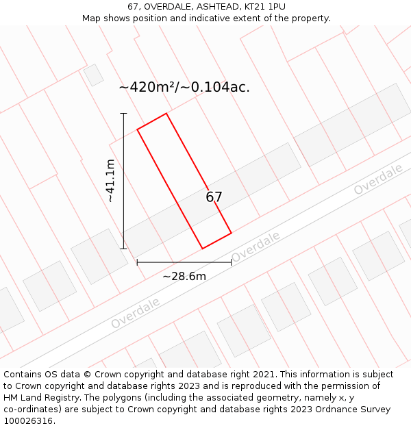 67, OVERDALE, ASHTEAD, KT21 1PU: Plot and title map