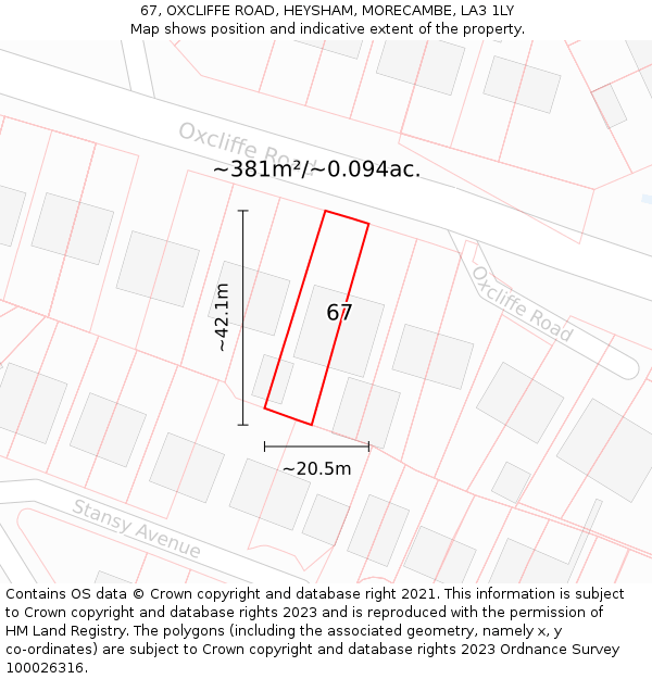 67, OXCLIFFE ROAD, HEYSHAM, MORECAMBE, LA3 1LY: Plot and title map