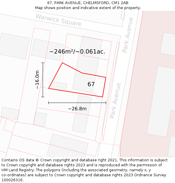 67, PARK AVENUE, CHELMSFORD, CM1 2AB: Plot and title map