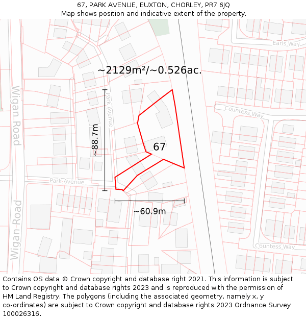 67, PARK AVENUE, EUXTON, CHORLEY, PR7 6JQ: Plot and title map