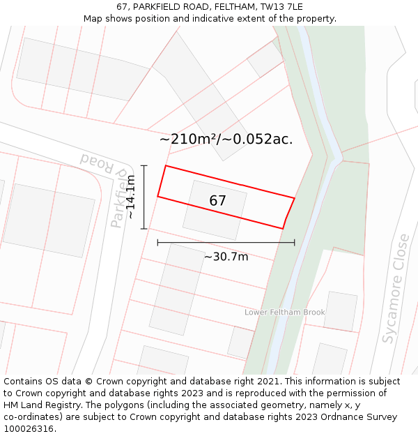 67, PARKFIELD ROAD, FELTHAM, TW13 7LE: Plot and title map