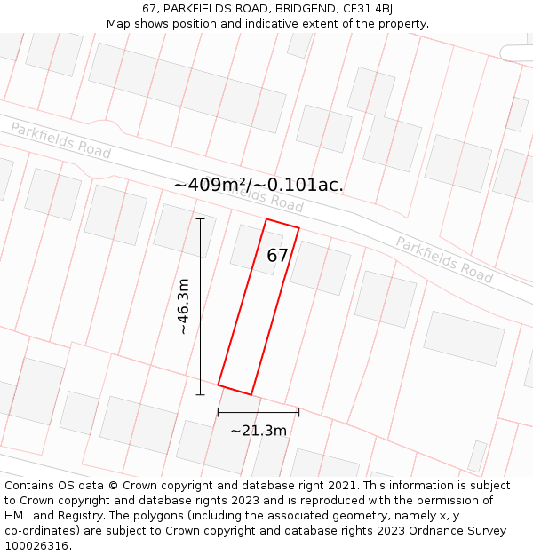 67, PARKFIELDS ROAD, BRIDGEND, CF31 4BJ: Plot and title map