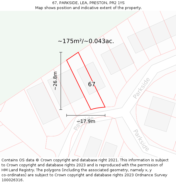 67, PARKSIDE, LEA, PRESTON, PR2 1YS: Plot and title map