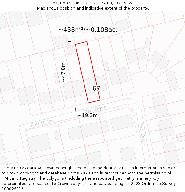 67, PARR DRIVE, COLCHESTER, CO3 9EW: Plot and title map