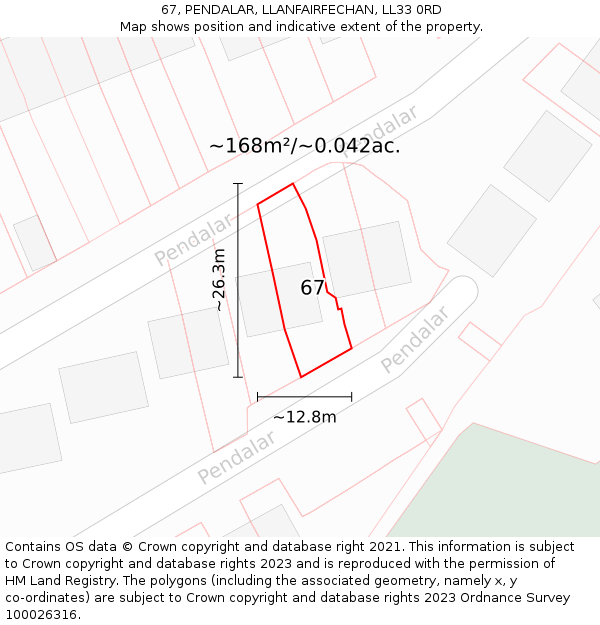 67, PENDALAR, LLANFAIRFECHAN, LL33 0RD: Plot and title map