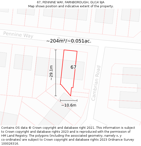 67, PENNINE WAY, FARNBOROUGH, GU14 9JA: Plot and title map