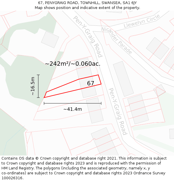 67, PENYGRAIG ROAD, TOWNHILL, SWANSEA, SA1 6JY: Plot and title map