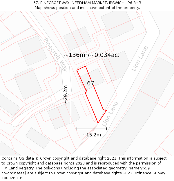 67, PINECROFT WAY, NEEDHAM MARKET, IPSWICH, IP6 8HB: Plot and title map