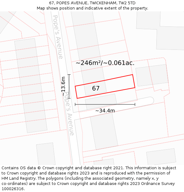 67, POPES AVENUE, TWICKENHAM, TW2 5TD: Plot and title map