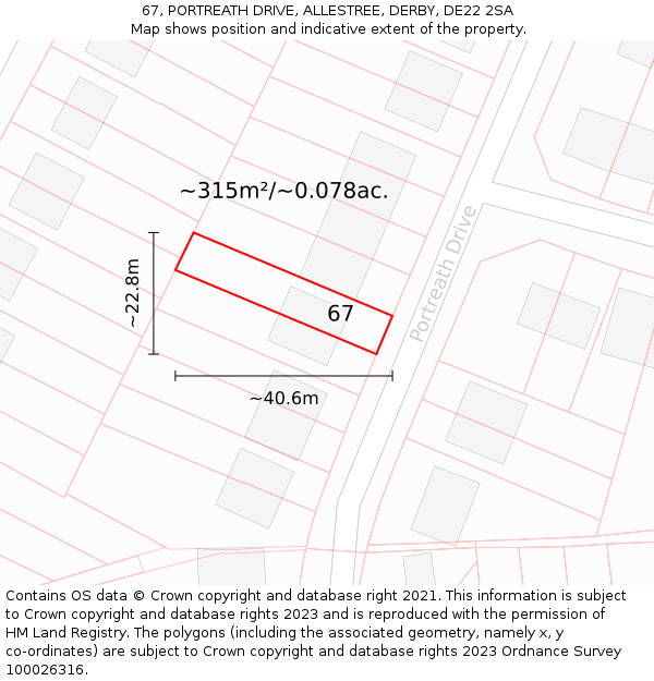 67, PORTREATH DRIVE, ALLESTREE, DERBY, DE22 2SA: Plot and title map