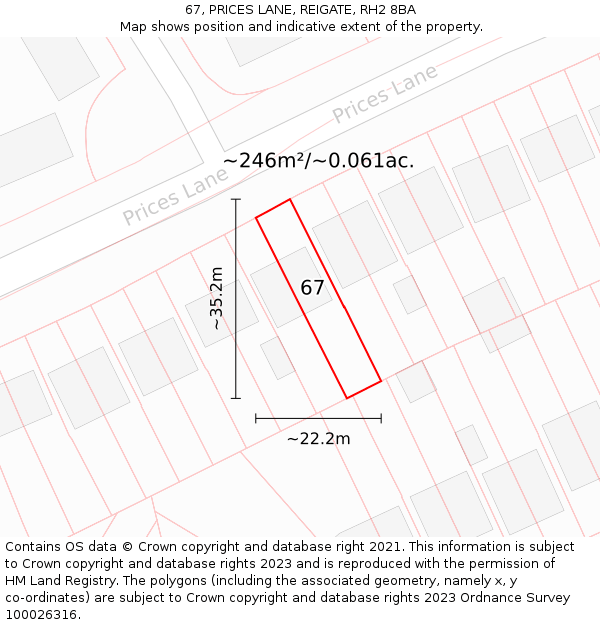 67, PRICES LANE, REIGATE, RH2 8BA: Plot and title map
