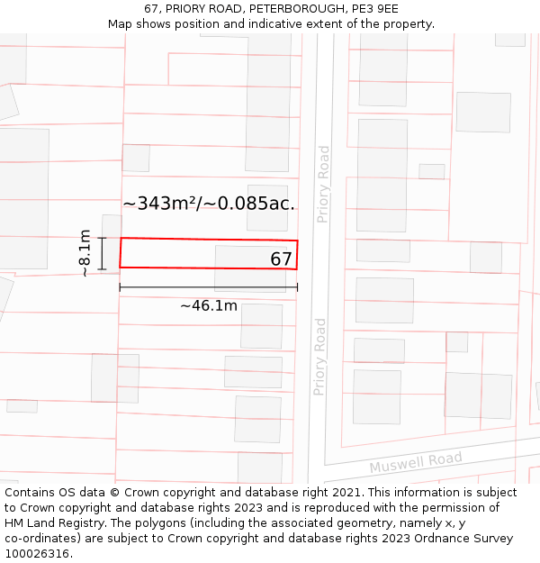67, PRIORY ROAD, PETERBOROUGH, PE3 9EE: Plot and title map