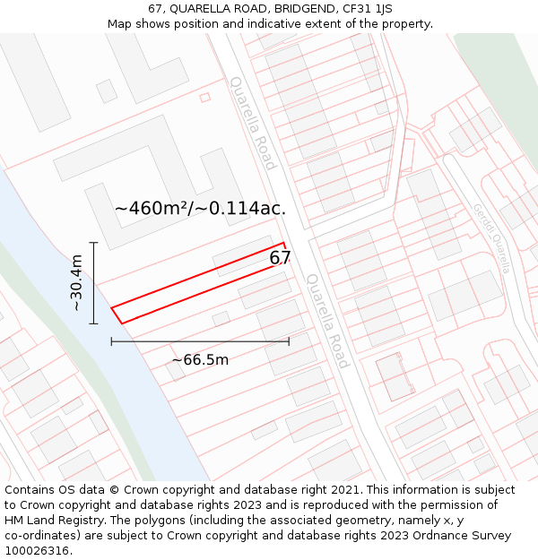 67, QUARELLA ROAD, BRIDGEND, CF31 1JS: Plot and title map