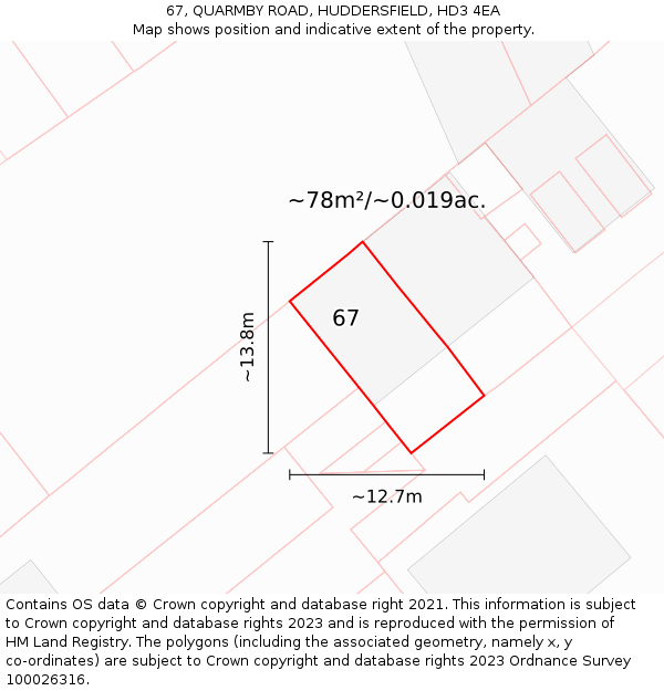 67, QUARMBY ROAD, HUDDERSFIELD, HD3 4EA: Plot and title map