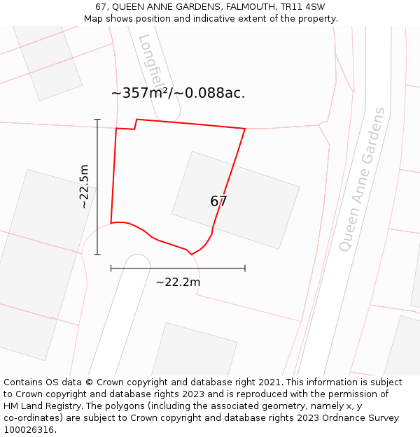 67, QUEEN ANNE GARDENS, FALMOUTH, TR11 4SW: Plot and title map