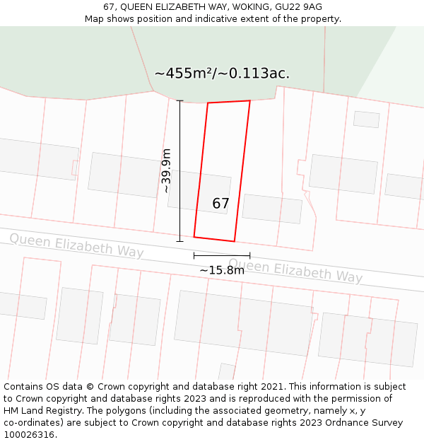 67, QUEEN ELIZABETH WAY, WOKING, GU22 9AG: Plot and title map