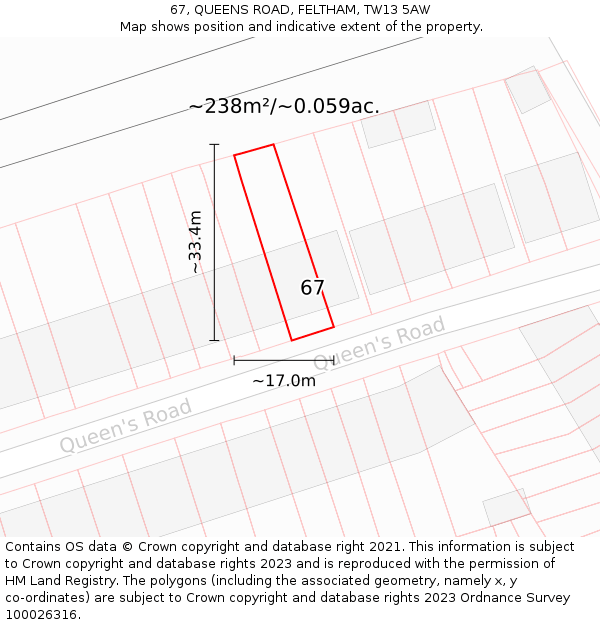 67, QUEENS ROAD, FELTHAM, TW13 5AW: Plot and title map