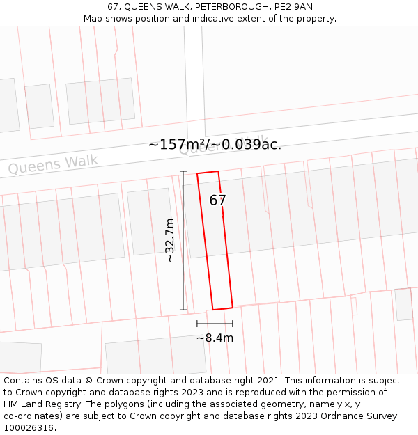 67, QUEENS WALK, PETERBOROUGH, PE2 9AN: Plot and title map