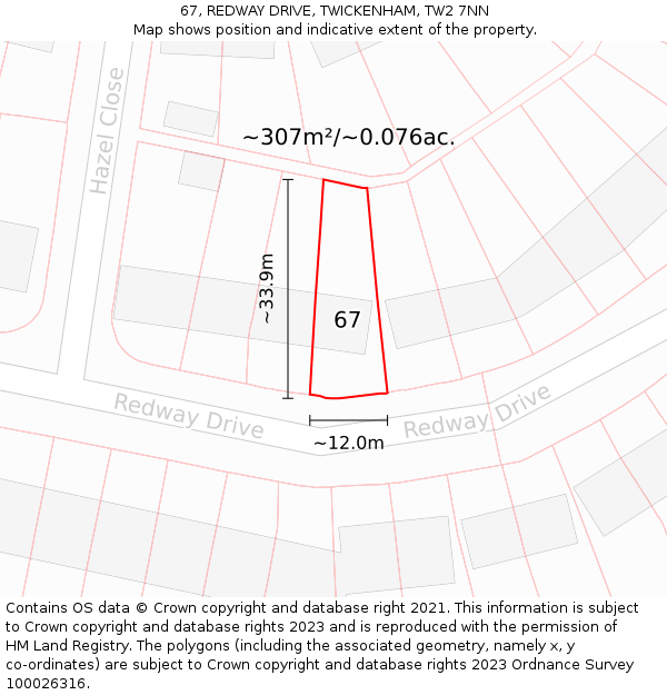 67, REDWAY DRIVE, TWICKENHAM, TW2 7NN: Plot and title map