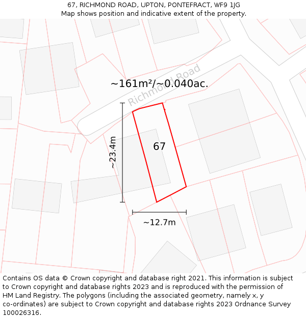 67, RICHMOND ROAD, UPTON, PONTEFRACT, WF9 1JG: Plot and title map