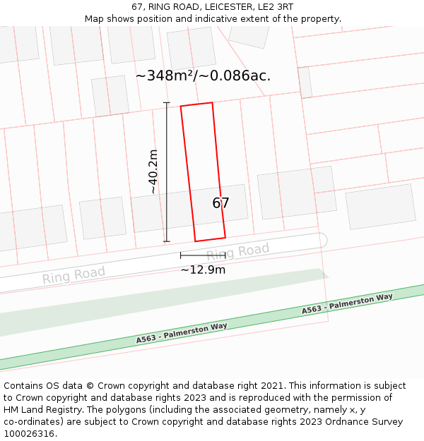 67, RING ROAD, LEICESTER, LE2 3RT: Plot and title map