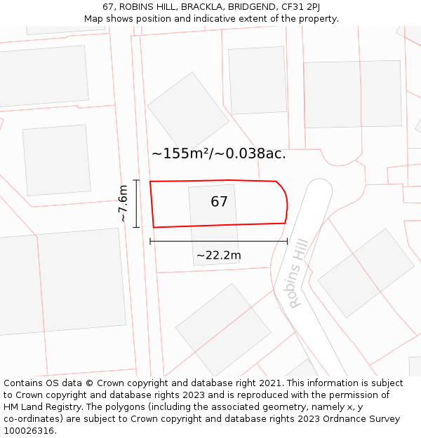 67, ROBINS HILL, BRACKLA, BRIDGEND, CF31 2PJ: Plot and title map