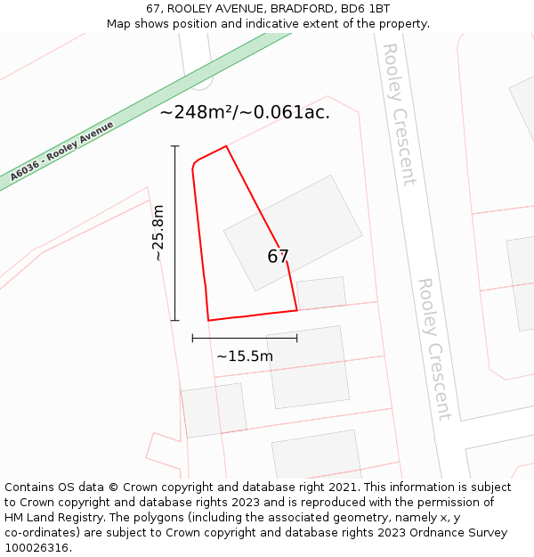 67, ROOLEY AVENUE, BRADFORD, BD6 1BT: Plot and title map