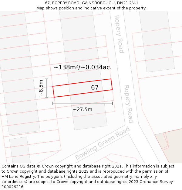 67, ROPERY ROAD, GAINSBOROUGH, DN21 2NU: Plot and title map
