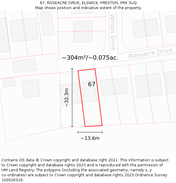67, ROSEACRE DRIVE, ELSWICK, PRESTON, PR4 3UQ: Plot and title map