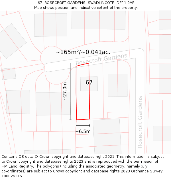 67, ROSECROFT GARDENS, SWADLINCOTE, DE11 9AF: Plot and title map