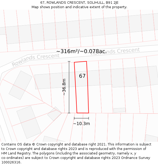 67, ROWLANDS CRESCENT, SOLIHULL, B91 2JE: Plot and title map