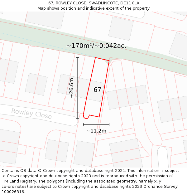 67, ROWLEY CLOSE, SWADLINCOTE, DE11 8LX: Plot and title map