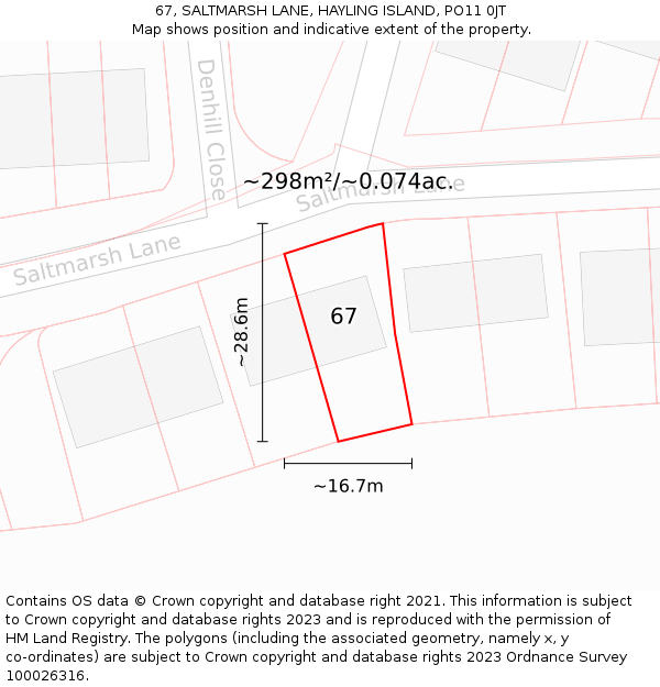 67, SALTMARSH LANE, HAYLING ISLAND, PO11 0JT: Plot and title map