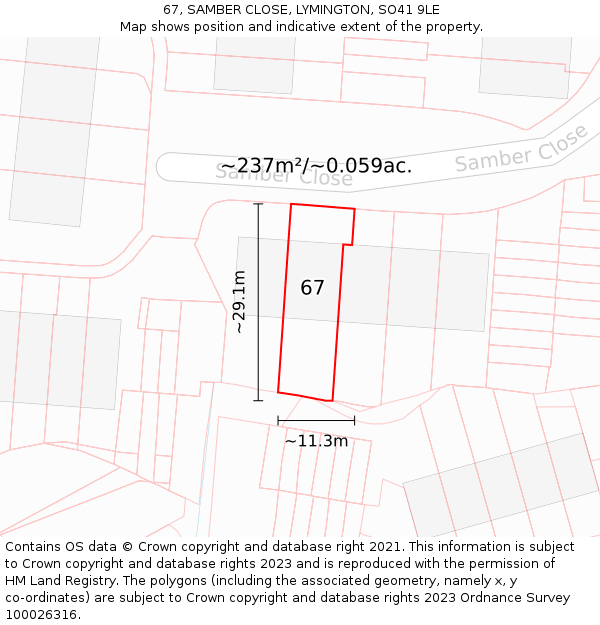 67, SAMBER CLOSE, LYMINGTON, SO41 9LE: Plot and title map