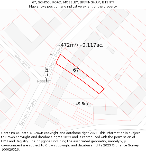 67, SCHOOL ROAD, MOSELEY, BIRMINGHAM, B13 9TF: Plot and title map