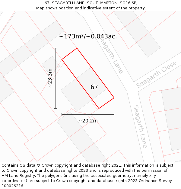 67, SEAGARTH LANE, SOUTHAMPTON, SO16 6RJ: Plot and title map