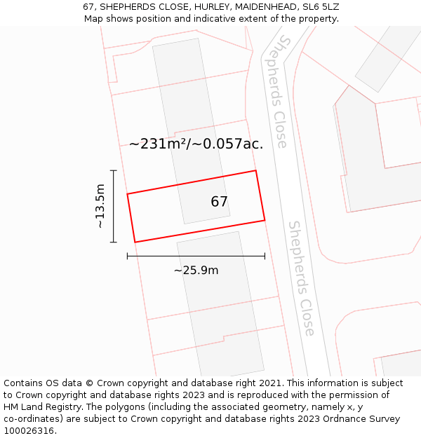 67, SHEPHERDS CLOSE, HURLEY, MAIDENHEAD, SL6 5LZ: Plot and title map
