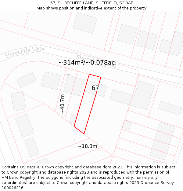 67, SHIRECLIFFE LANE, SHEFFIELD, S3 9AE: Plot and title map