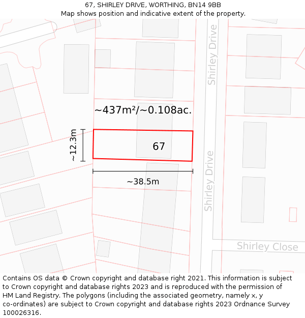 67, SHIRLEY DRIVE, WORTHING, BN14 9BB: Plot and title map