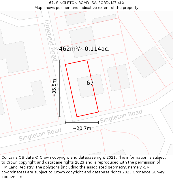 67, SINGLETON ROAD, SALFORD, M7 4LX: Plot and title map